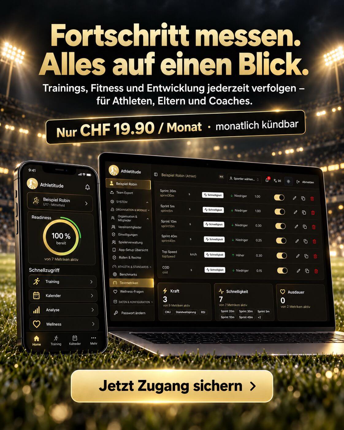 Athletitude Performance App mit Readiness, Training und Leistungswerten auf Smartphone und Laptop